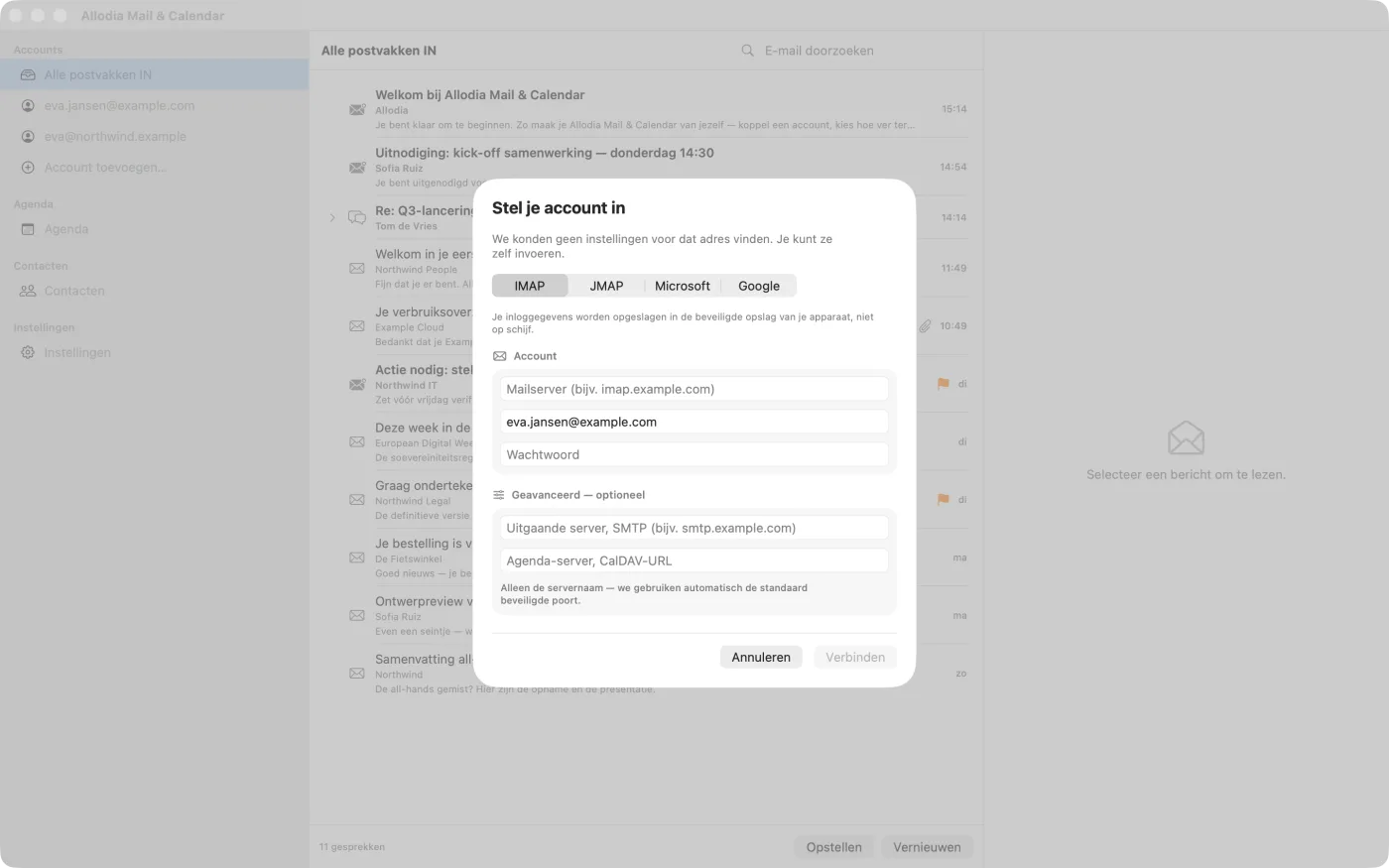 Het handmatige instelformulier, met tabbladen voor IMAP, JMAP, Microsoft en Google