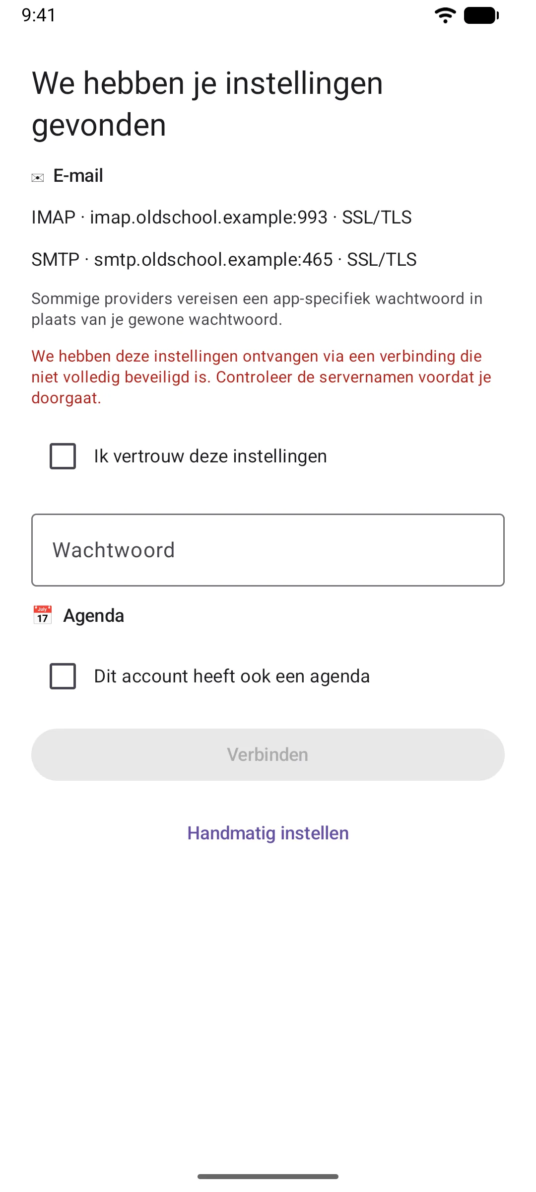 Het gevonden-instellingenscherm met een rode waarschuwing en een niet-aangevinkt vakje "Ik vertrouw deze instellingen"
