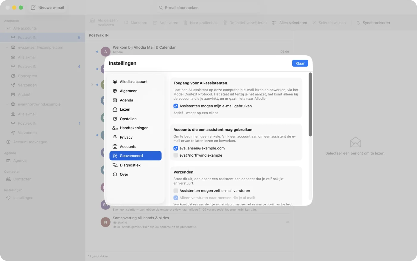 De accountlijst met een van de twee accounts aangevinkt