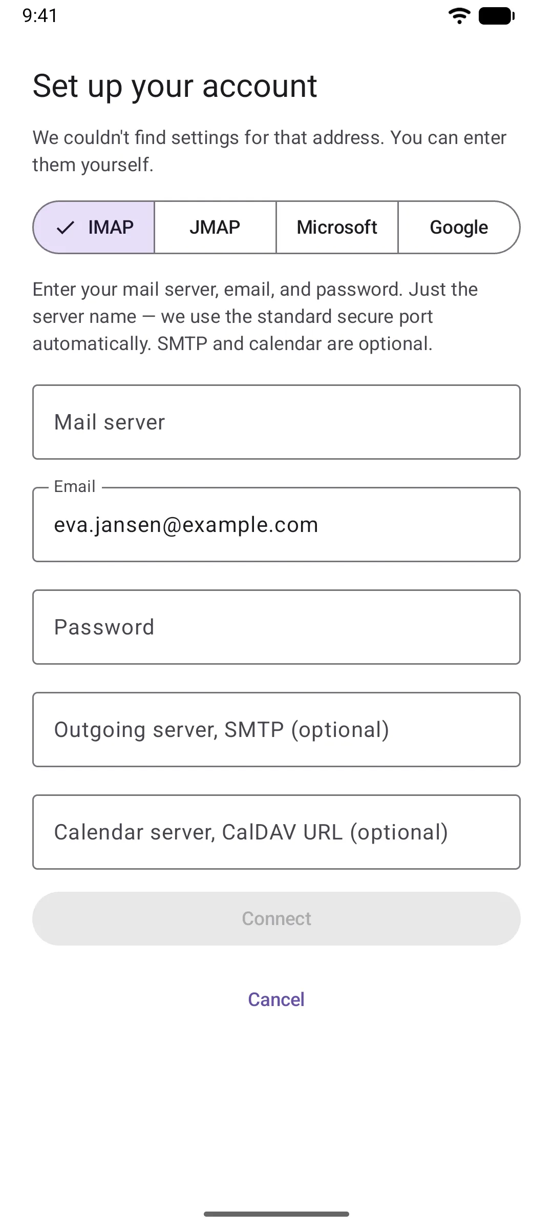 The manual setup form, with tabs for IMAP, JMAP, Microsoft and Google