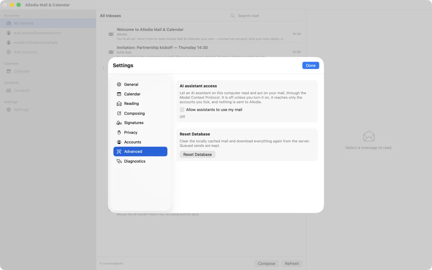 The AI assistant access panel in Settings, Advanced, switched off