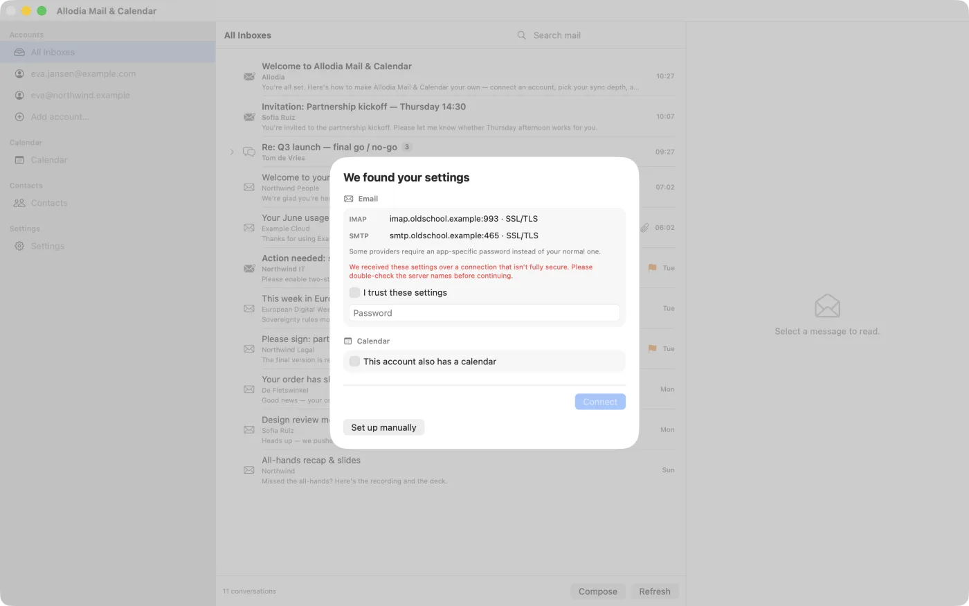 The found-settings screen with a red warning and an unticked "I trust these settings" checkbox