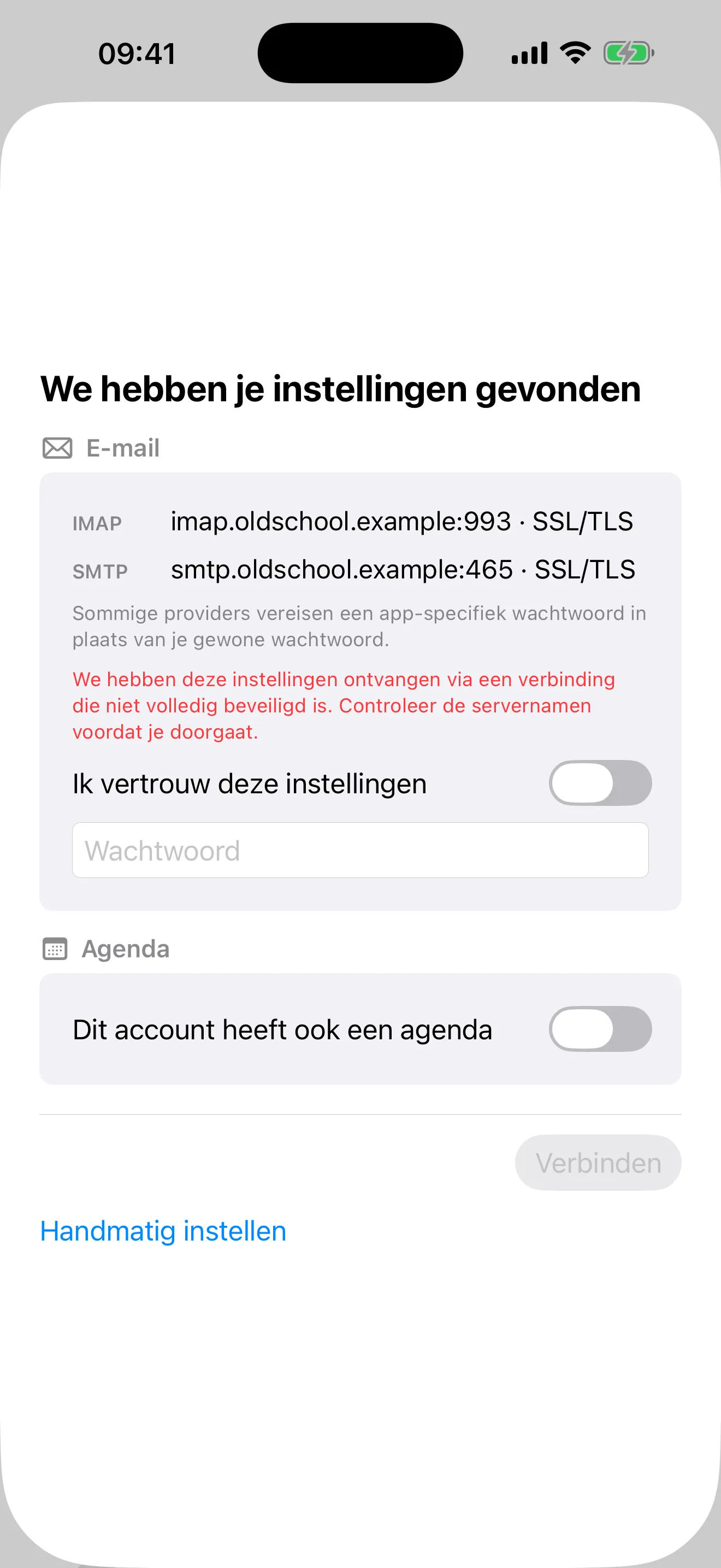Het gevonden-instellingenscherm met een rode waarschuwing en een niet-aangevinkt vakje "Ik vertrouw deze instellingen"