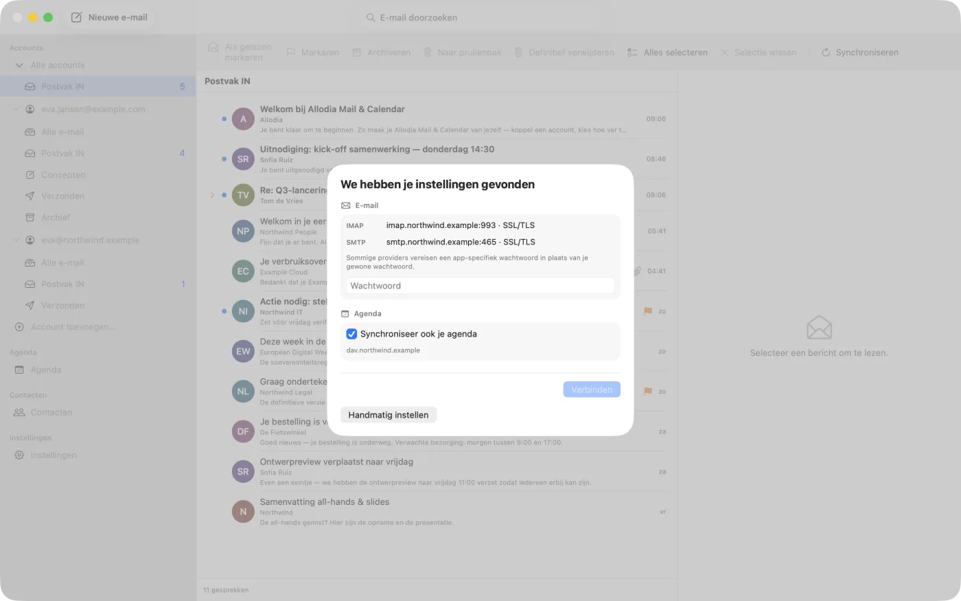 Het scherm "We hebben je instellingen gevonden", met de IMAP- en SMTP-servers en een agenda-optie