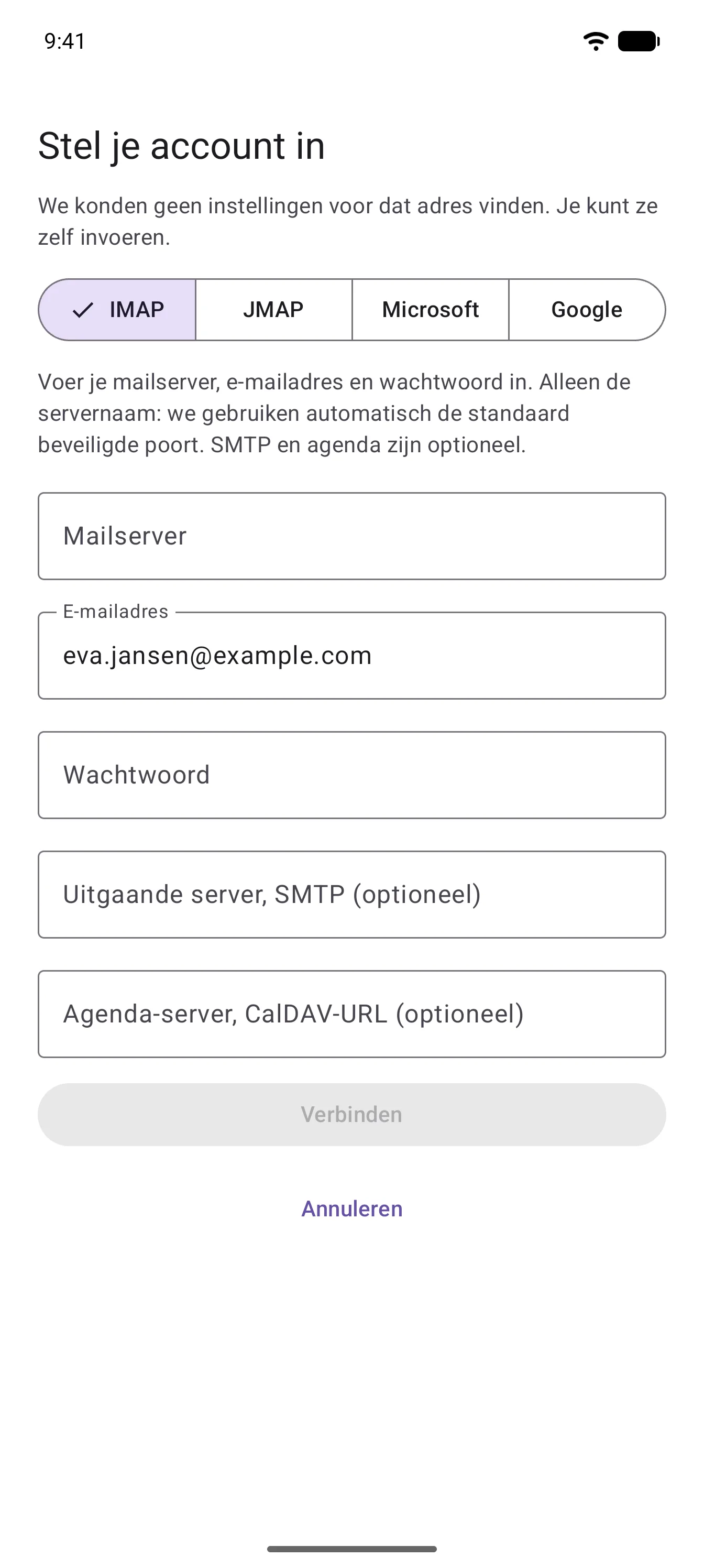 Het handmatige instelformulier, met tabbladen voor IMAP, JMAP, Microsoft en Google