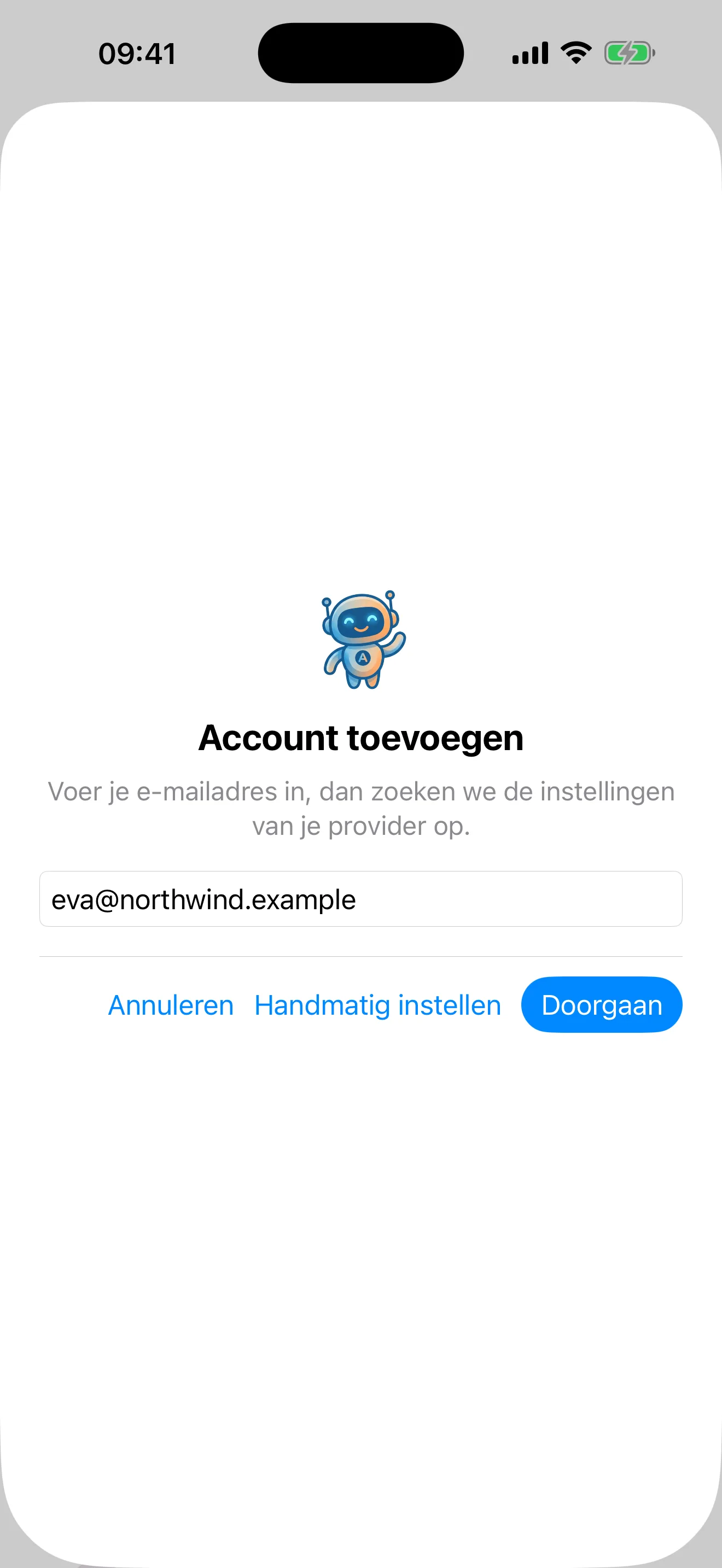 Het scherm "Account toevoegen", met een e-mailadres in het enige veld