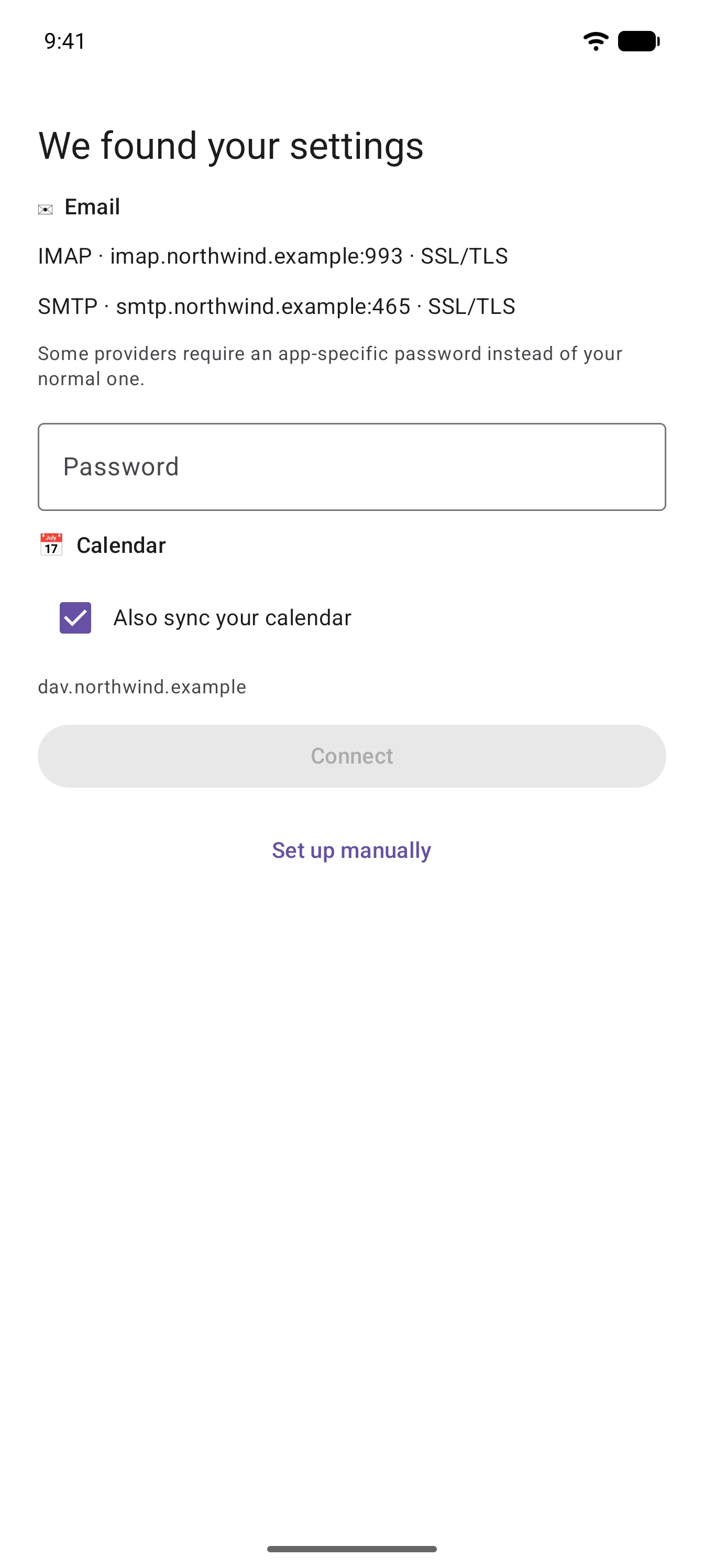 The "We found your settings" screen, listing the IMAP and SMTP servers and a calendar option