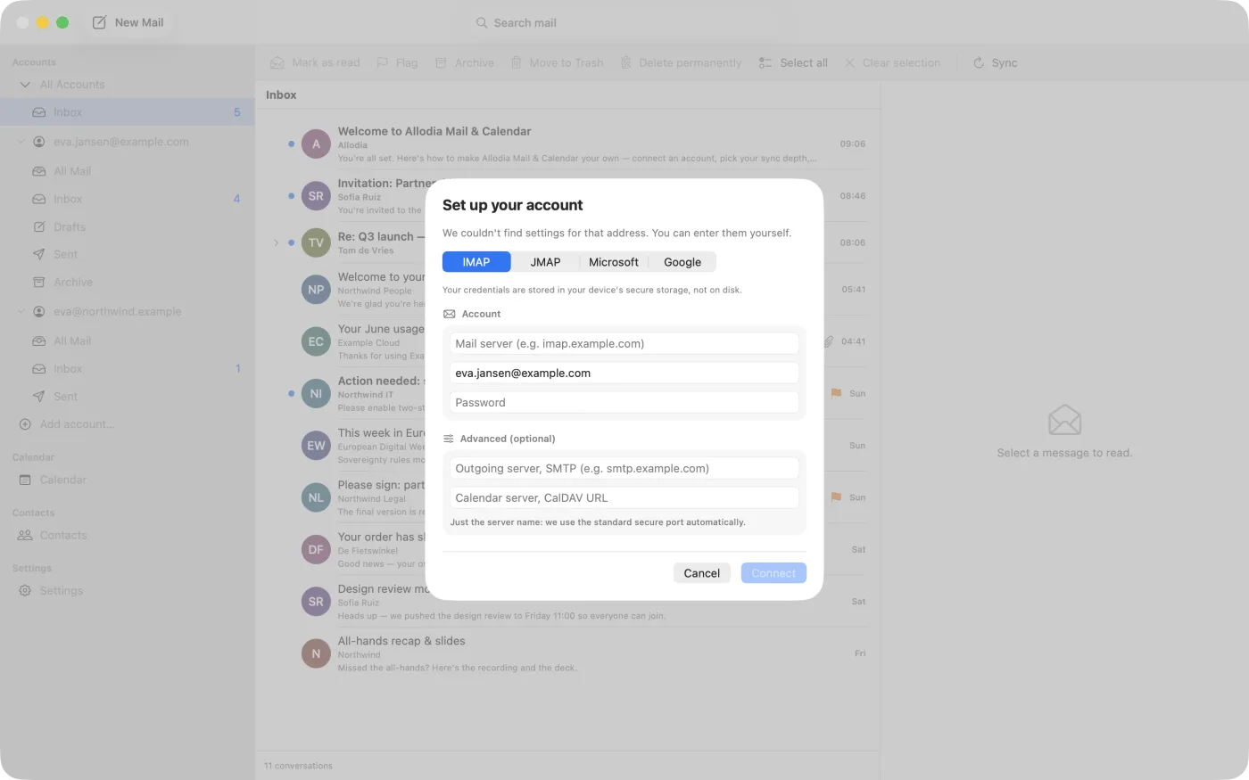 The manual setup form, with tabs for IMAP, JMAP, Microsoft and Google