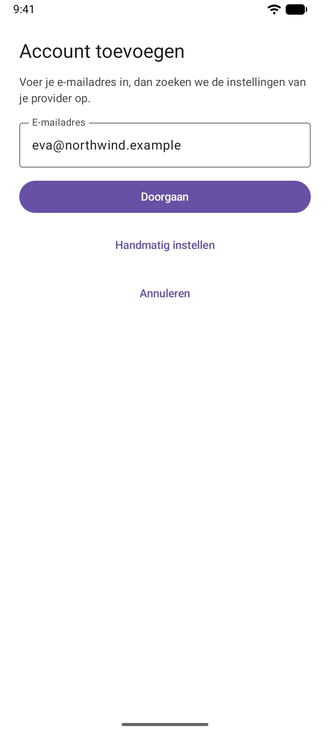 Het scherm "Account toevoegen", met een e-mailadres in het enige veld