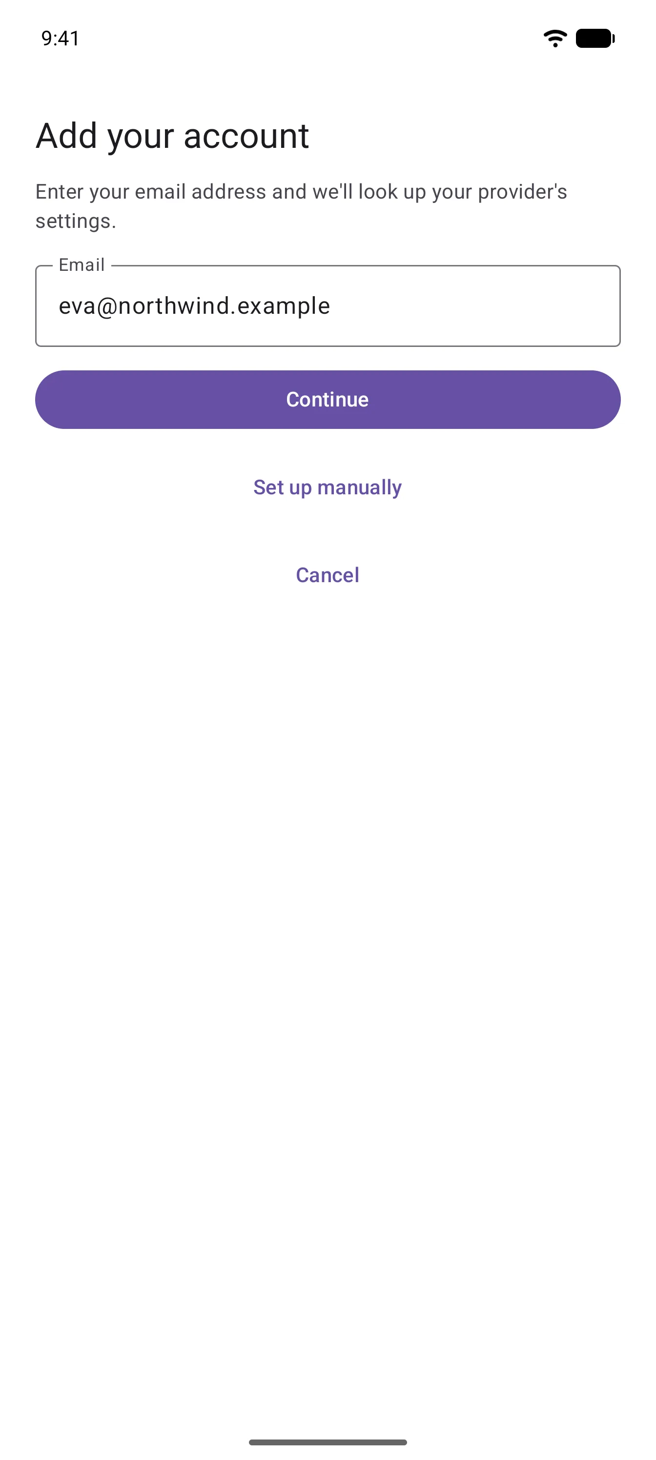 The "Add your account" screen, with an email address typed into the single field