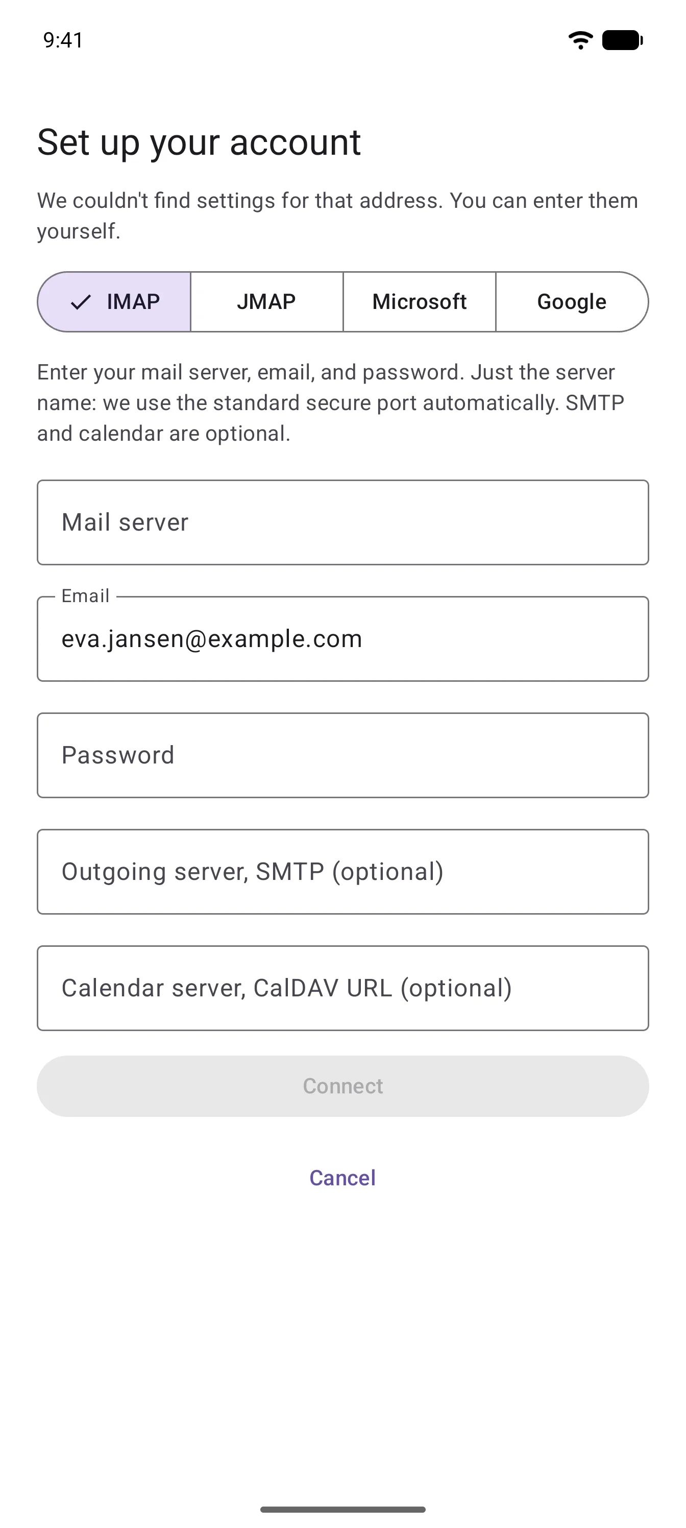 The manual setup form, with tabs for IMAP, JMAP, Microsoft and Google