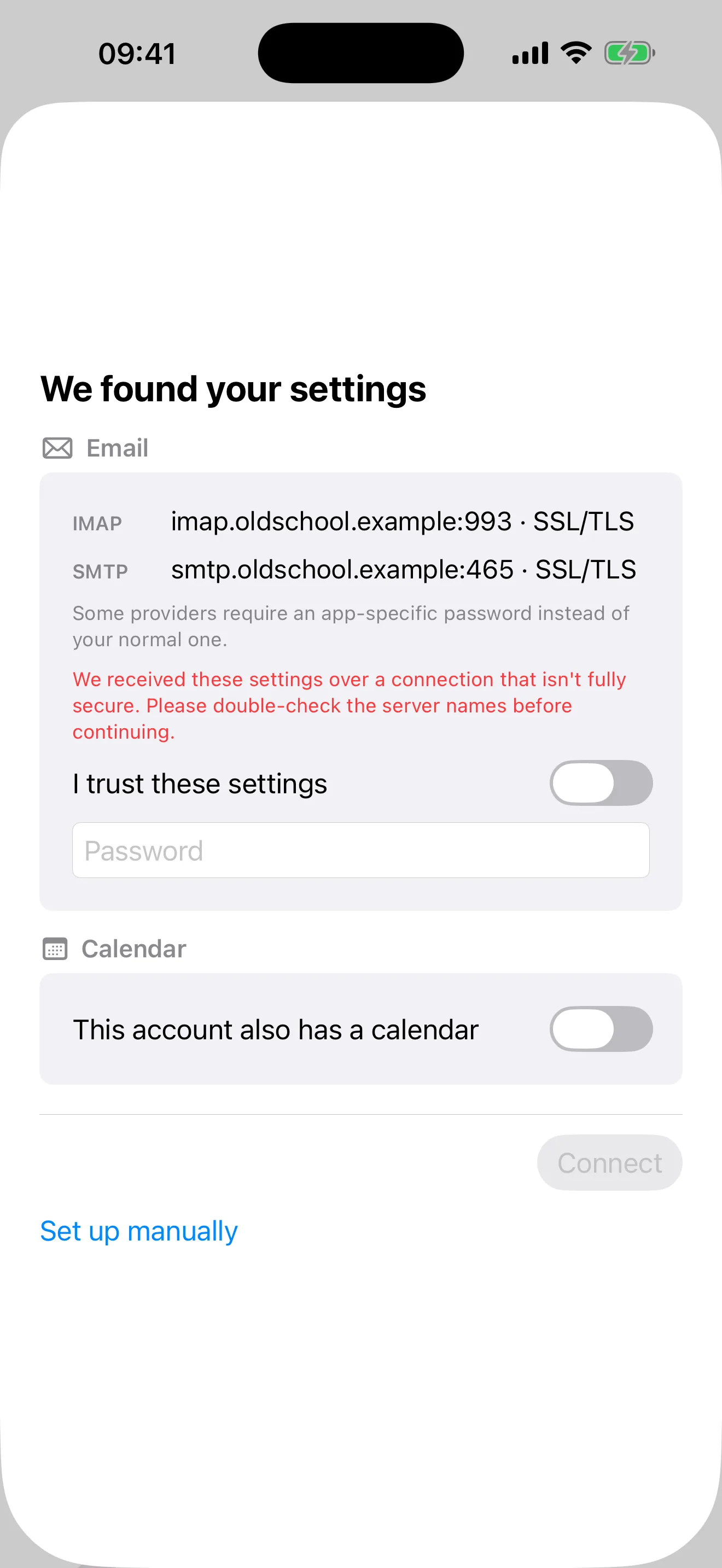 The found-settings screen with a red warning and an unticked "I trust these settings" checkbox
