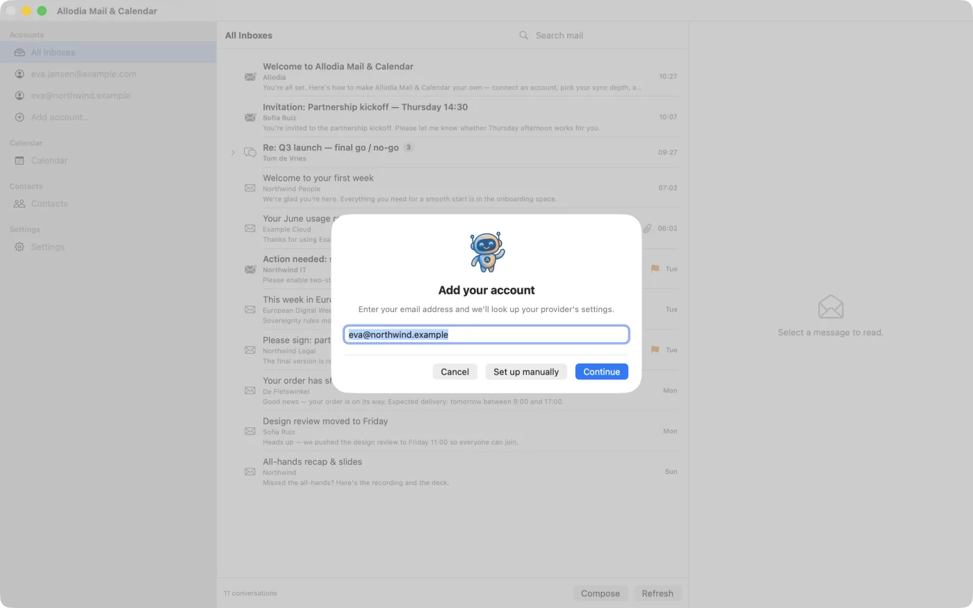 The "Add your account" screen, with an email address typed into the single field