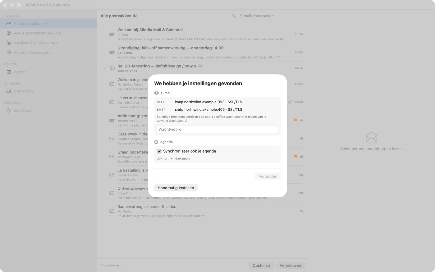 Het scherm "We hebben je instellingen gevonden", met de IMAP- en SMTP-servers en een agenda-optie