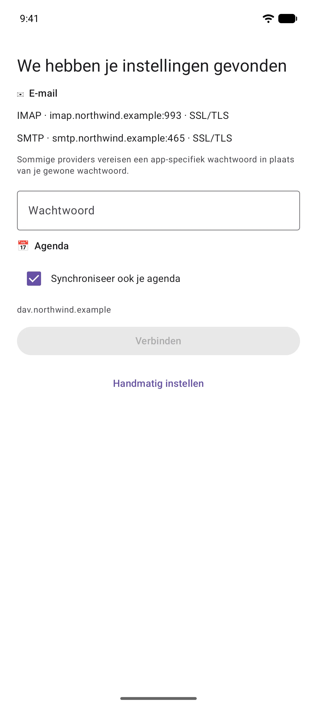 Het scherm "We hebben je instellingen gevonden", met de IMAP- en SMTP-servers en een agenda-optie