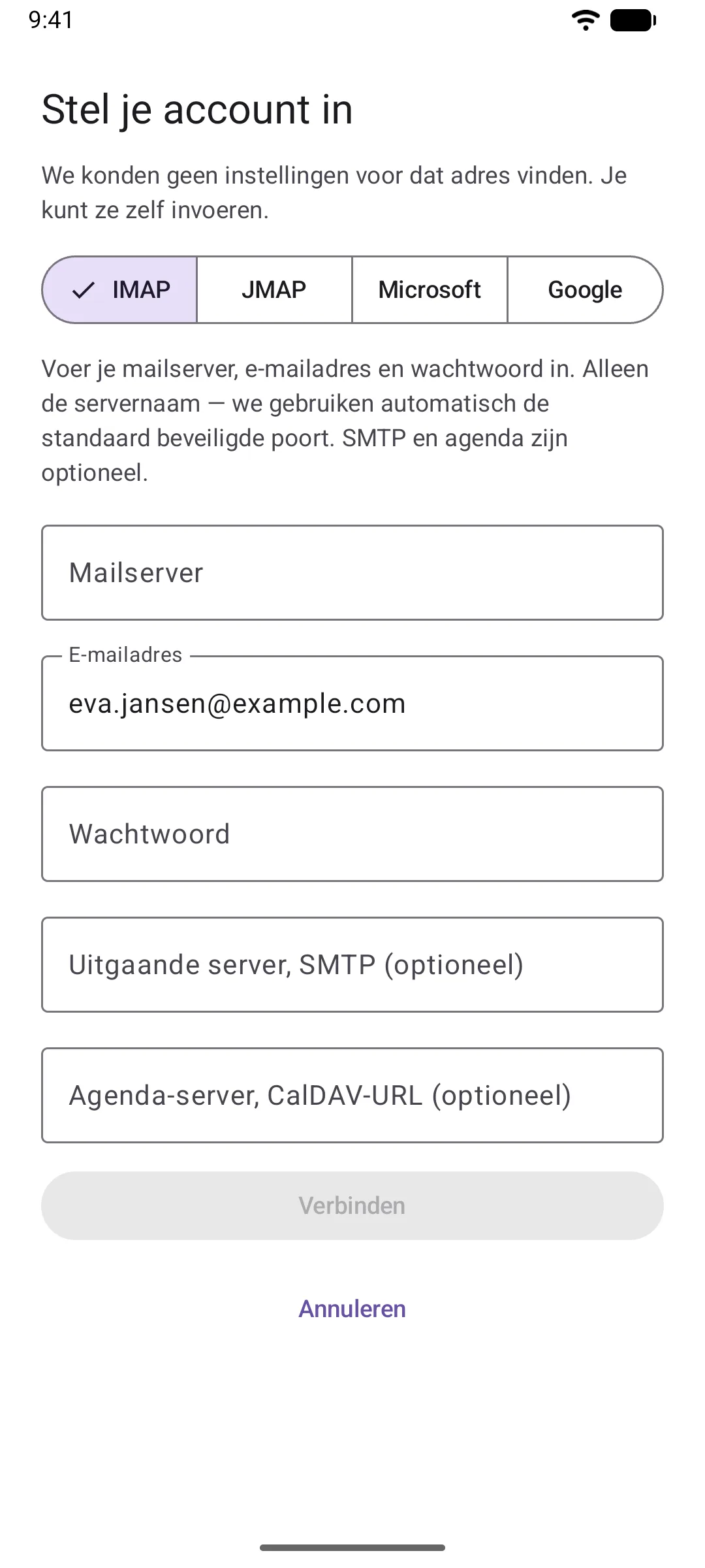 Het handmatige instelformulier, met tabbladen voor IMAP, JMAP, Microsoft en Google