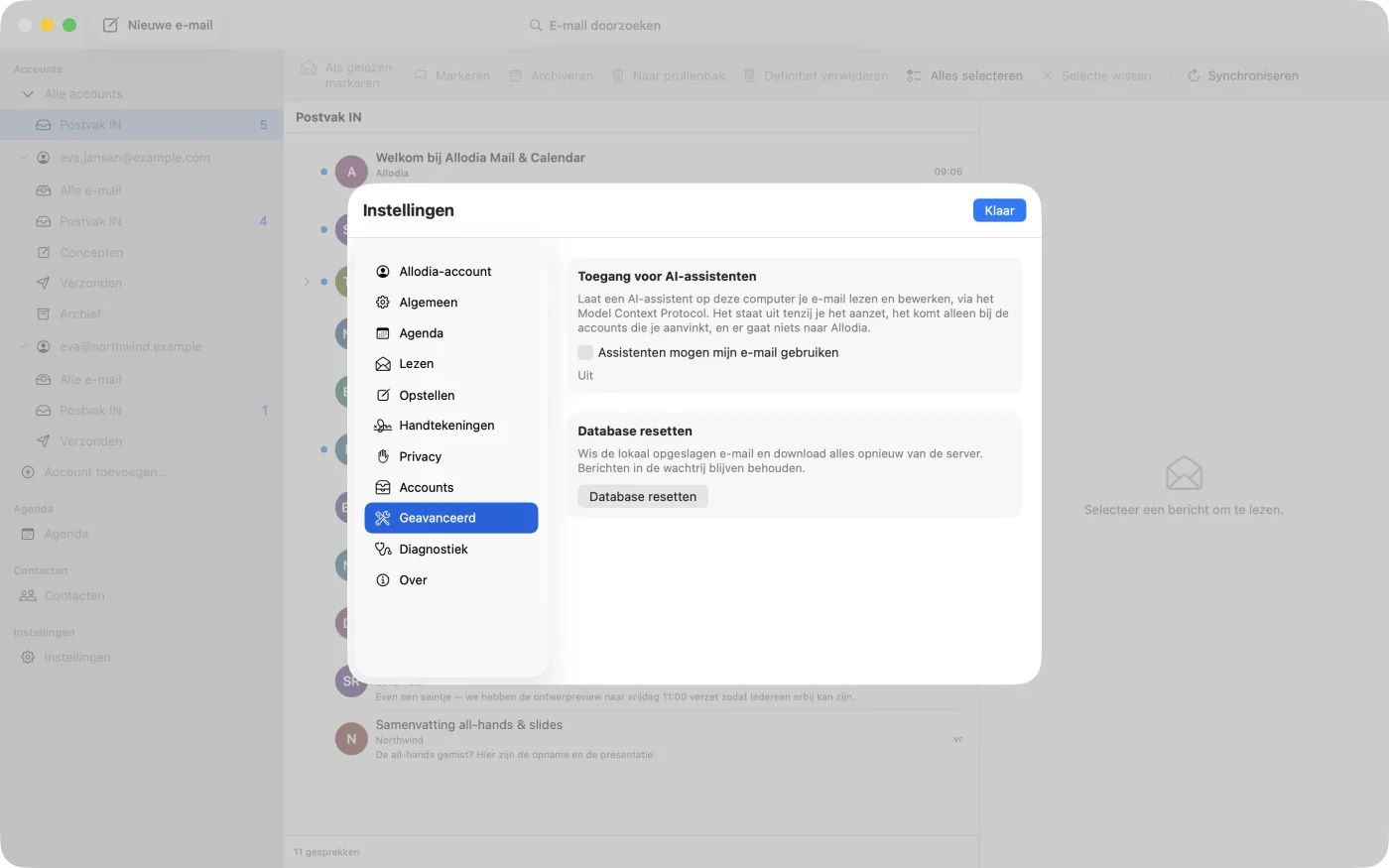 Het paneel Toegang voor AI-assistenten in Instellingen, Geavanceerd, uitgeschakeld