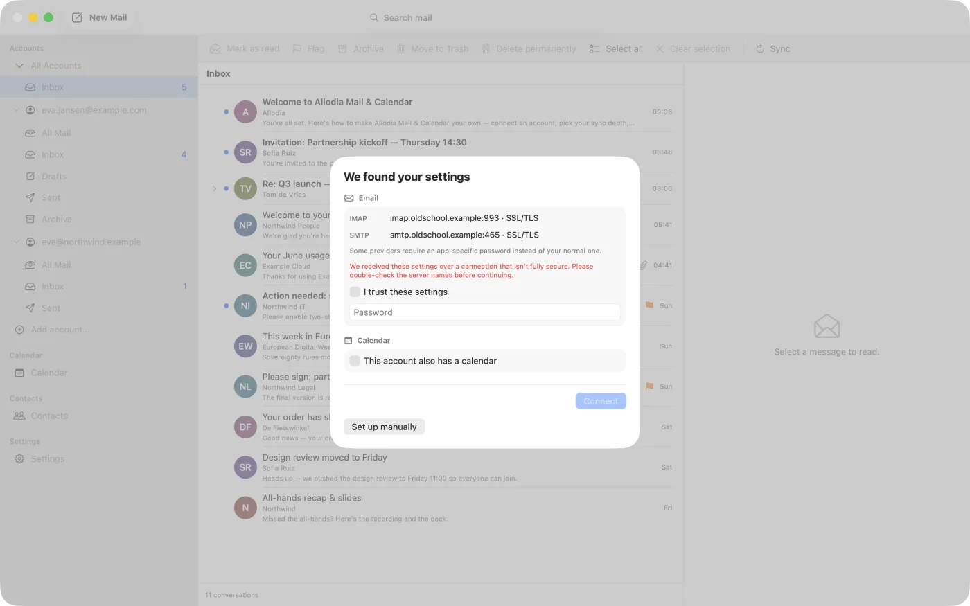 The found-settings screen with a red warning and an unticked "I trust these settings" checkbox