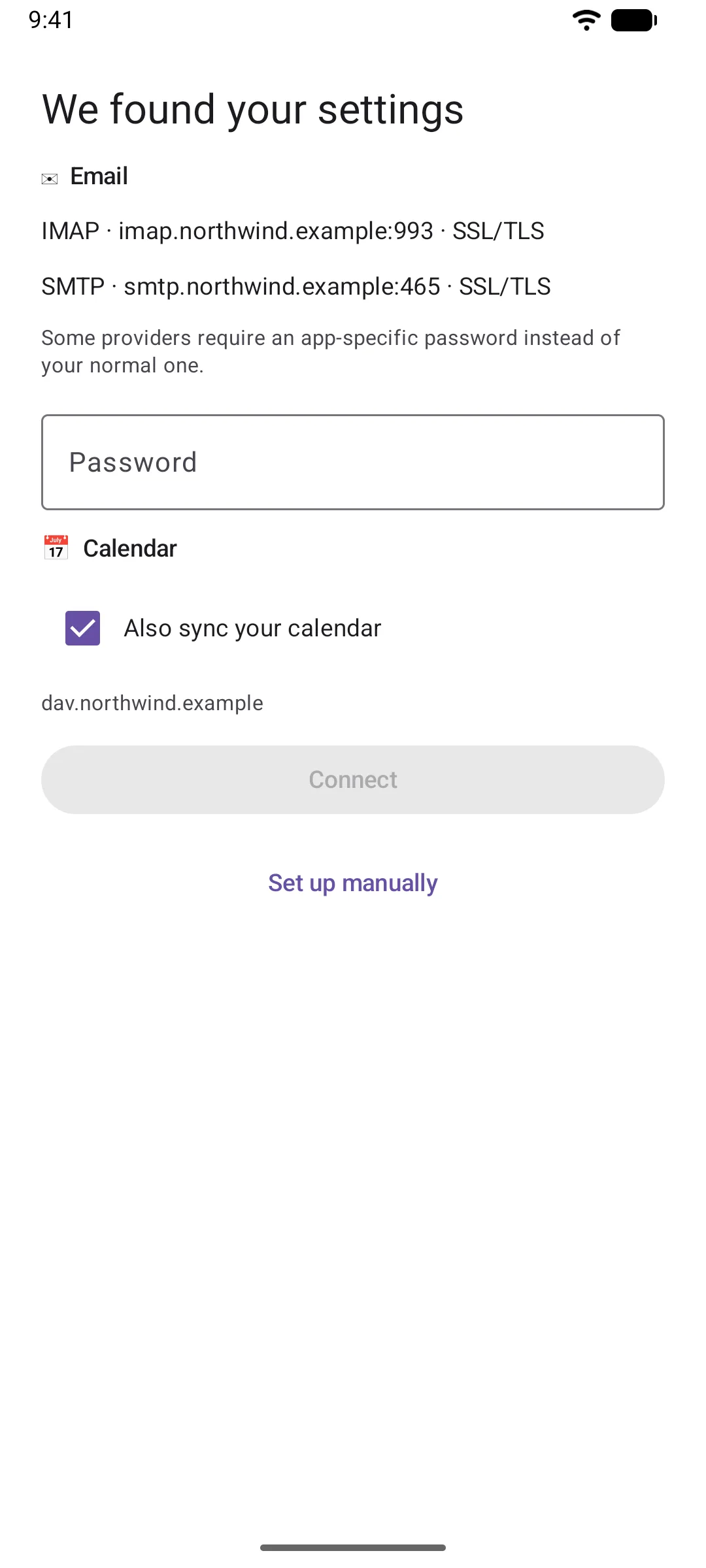 The "We found your settings" screen, listing the IMAP and SMTP servers and a calendar option