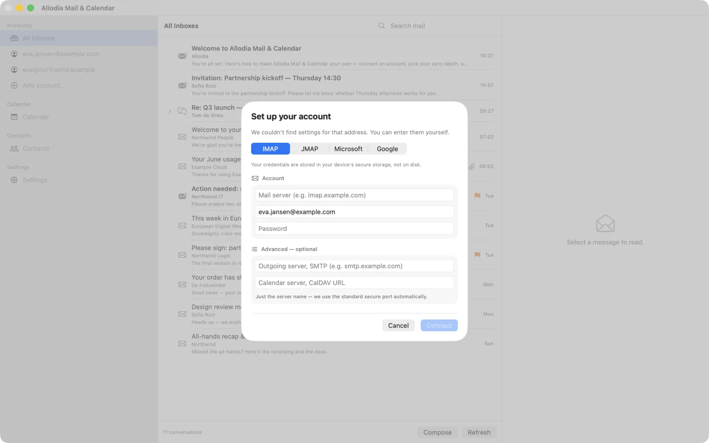 The manual setup form, with tabs for IMAP, JMAP, Microsoft and Google