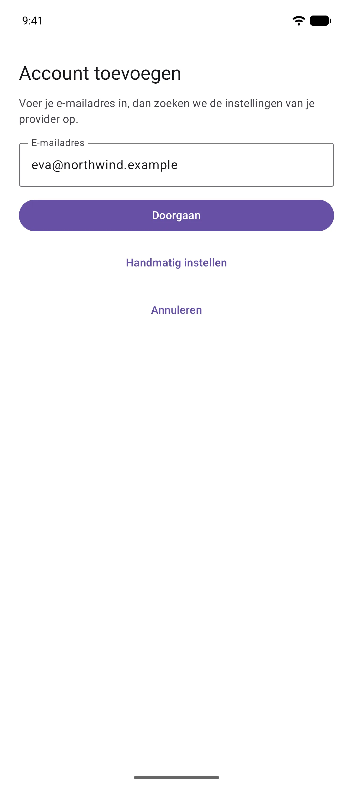 Het scherm "Account toevoegen", met een e-mailadres in het enige veld