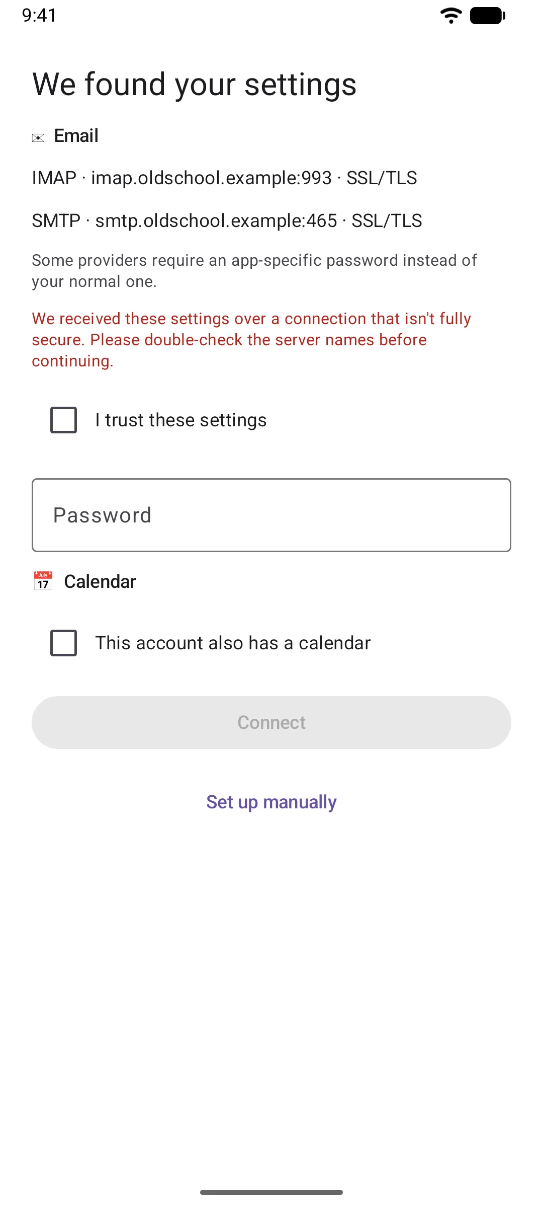 The found-settings screen with a red warning and an unticked "I trust these settings" checkbox