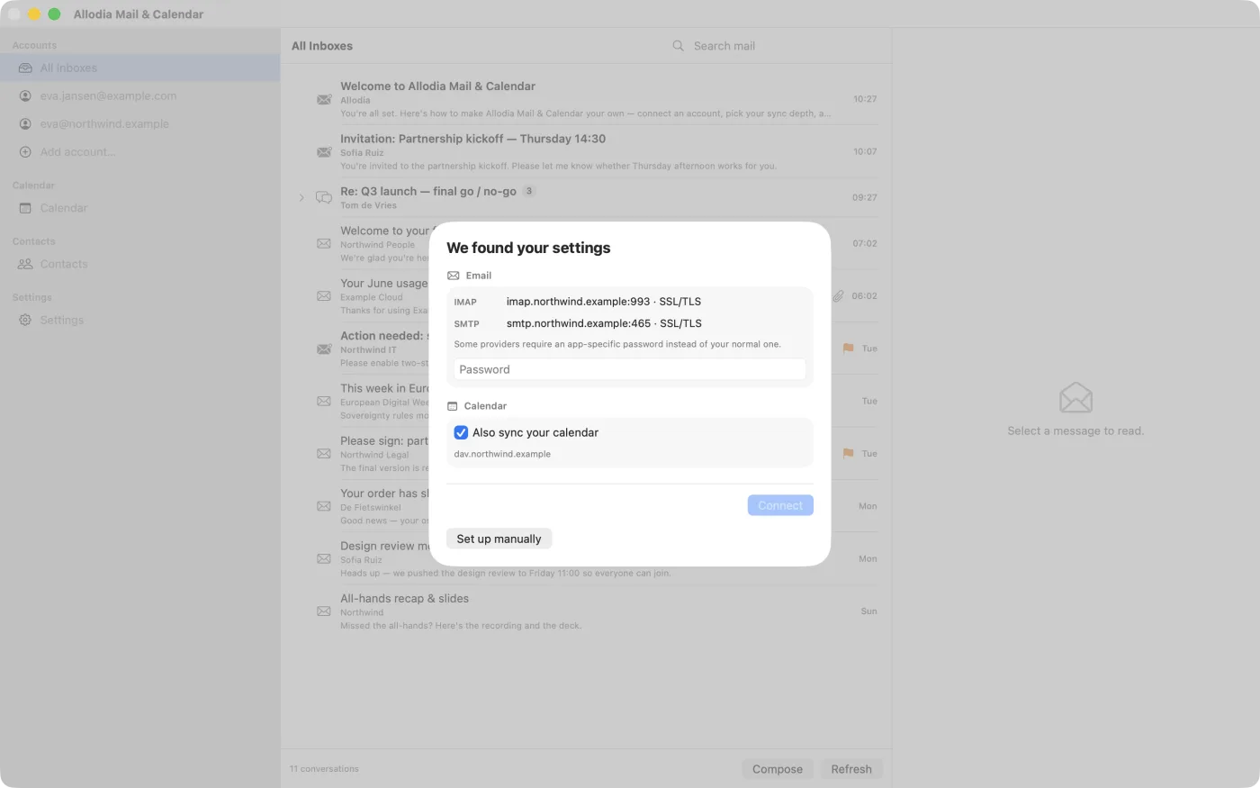 The "We found your settings" screen, listing the IMAP and SMTP servers and a calendar option
