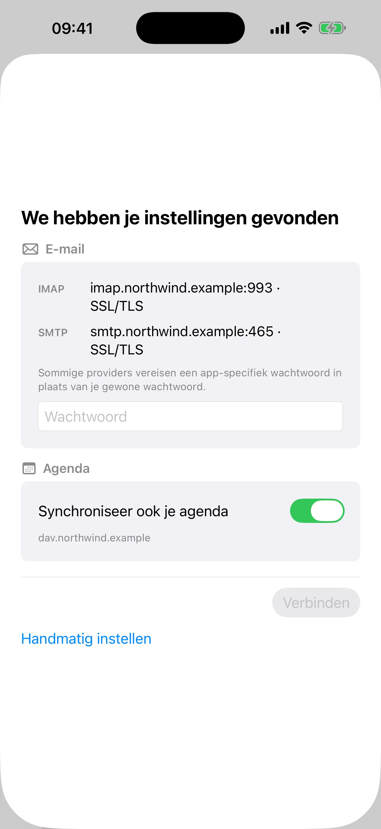 Het scherm "We hebben je instellingen gevonden", met de IMAP- en SMTP-servers en een agenda-optie