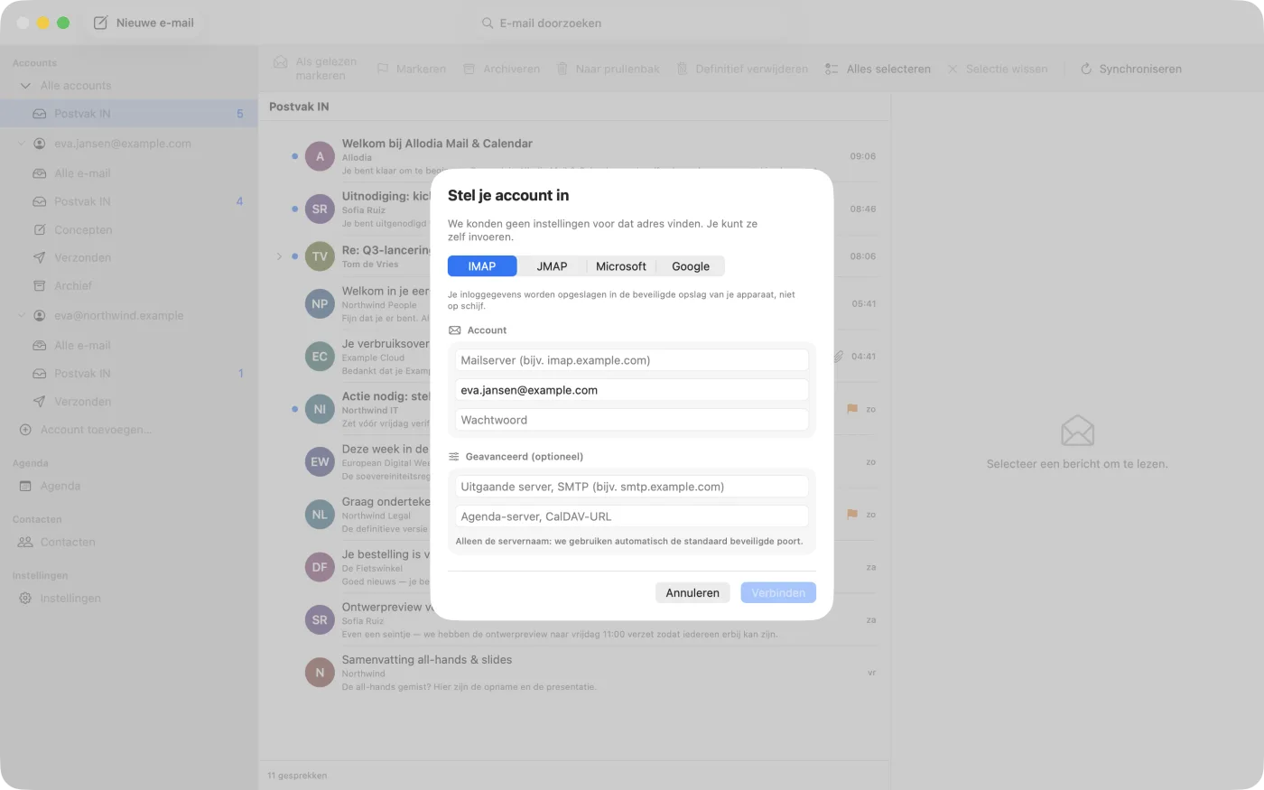 Het handmatige instelformulier, met tabbladen voor IMAP, JMAP, Microsoft en Google