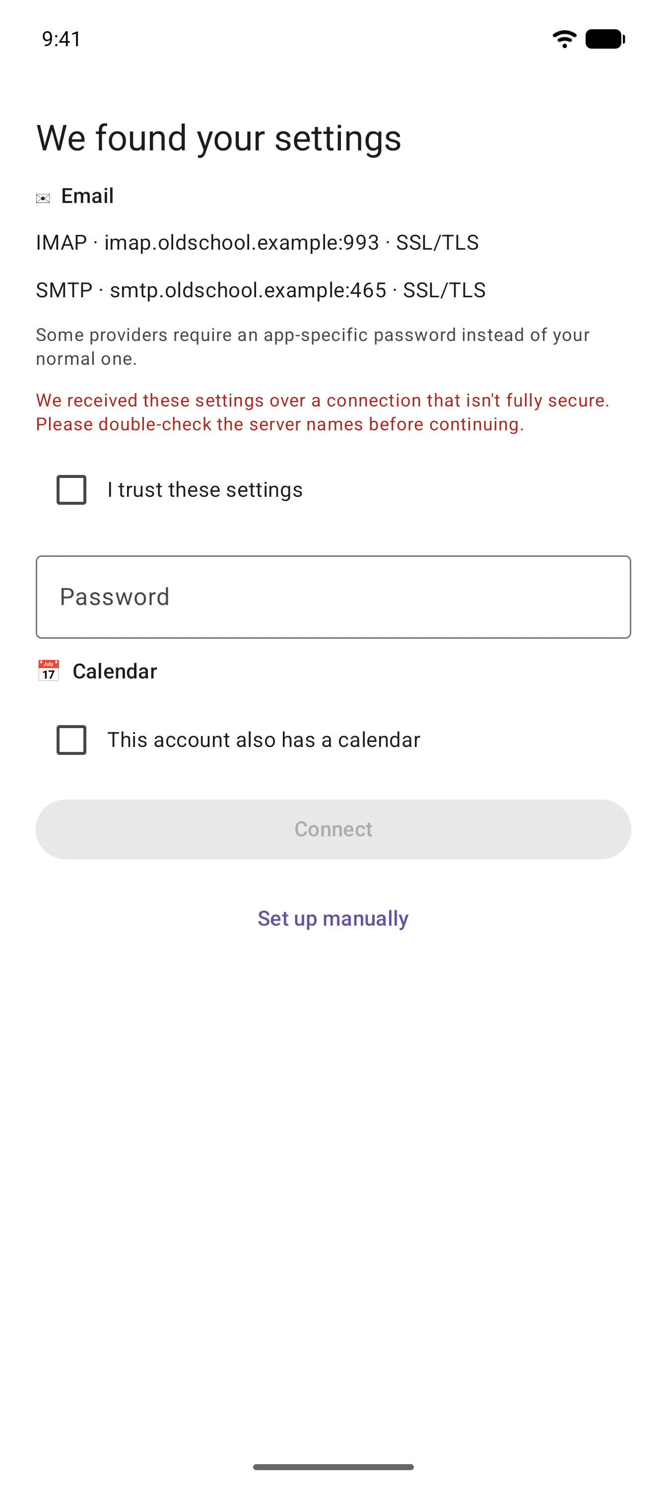 The found-settings screen with a red warning and an unticked "I trust these settings" checkbox