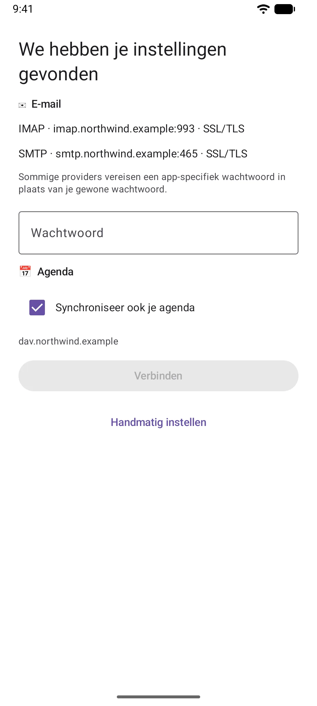 Het scherm "We hebben je instellingen gevonden", met de IMAP- en SMTP-servers en een agenda-optie