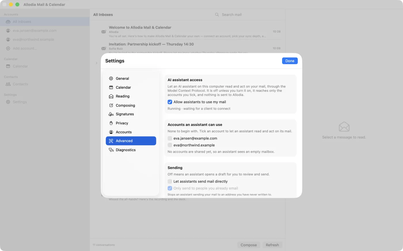 The same panel switched on, reading "Running · waiting for a client to connect"