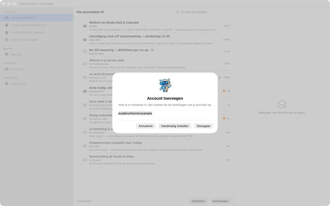 Het scherm "Account toevoegen", met een e-mailadres in het enige veld