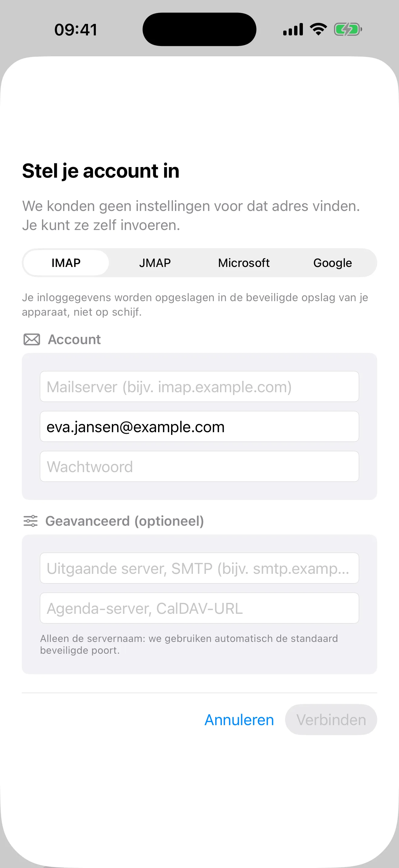 Het handmatige instelformulier, met tabbladen voor IMAP, JMAP, Microsoft en Google