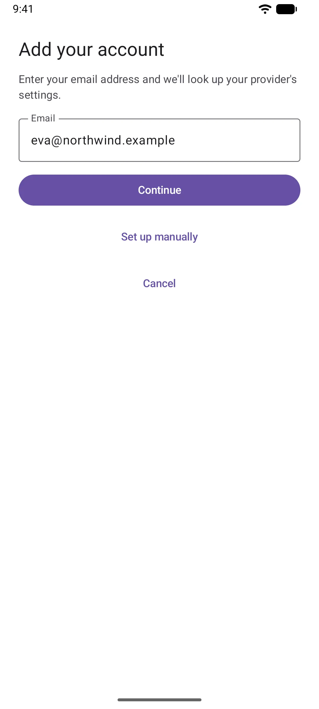 The "Add your account" screen, with an email address typed into the single field