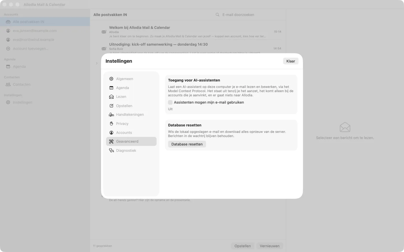 Het paneel Toegang voor AI-assistenten in Instellingen, Geavanceerd, uitgeschakeld