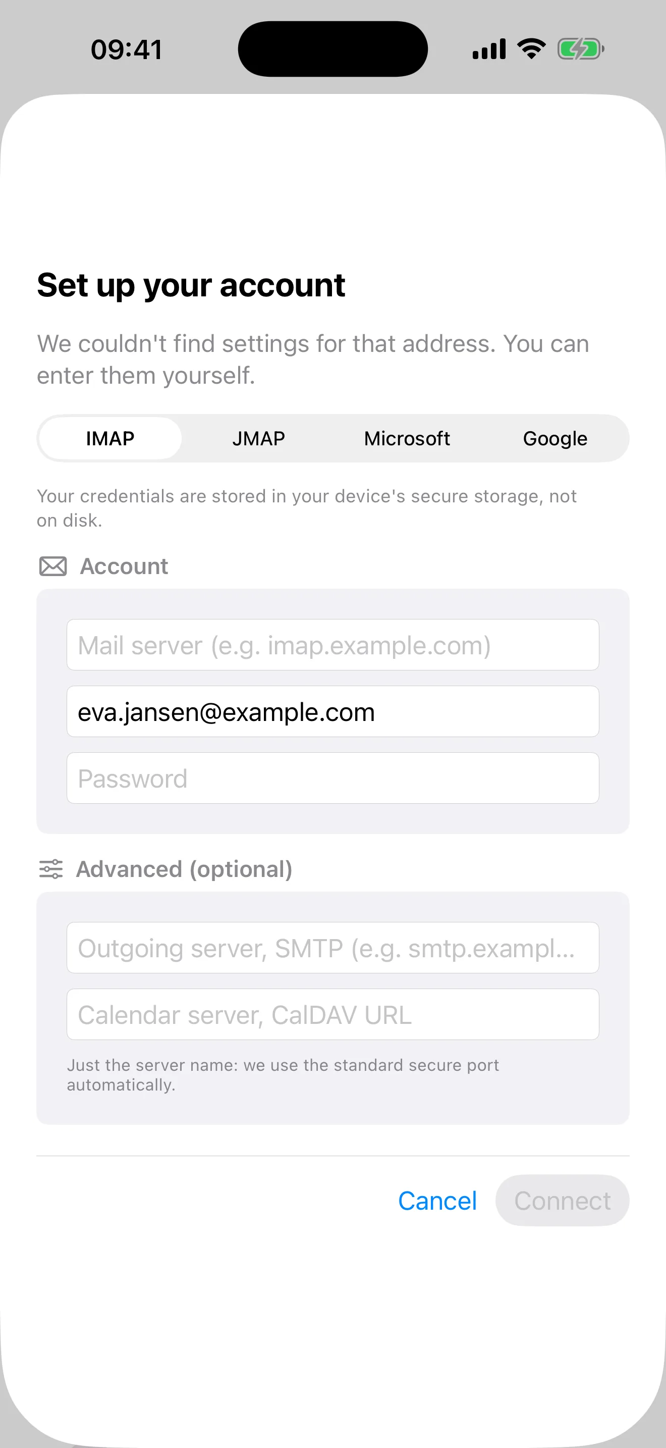 The manual setup form, with tabs for IMAP, JMAP, Microsoft and Google
