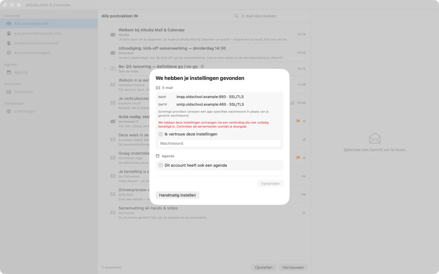 Het gevonden-instellingenscherm met een rode waarschuwing en een niet-aangevinkt vakje "Ik vertrouw deze instellingen"
