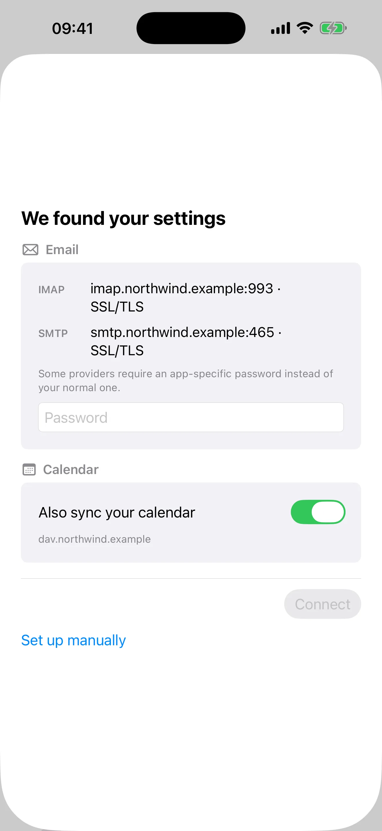 The "We found your settings" screen, listing the IMAP and SMTP servers and a calendar option