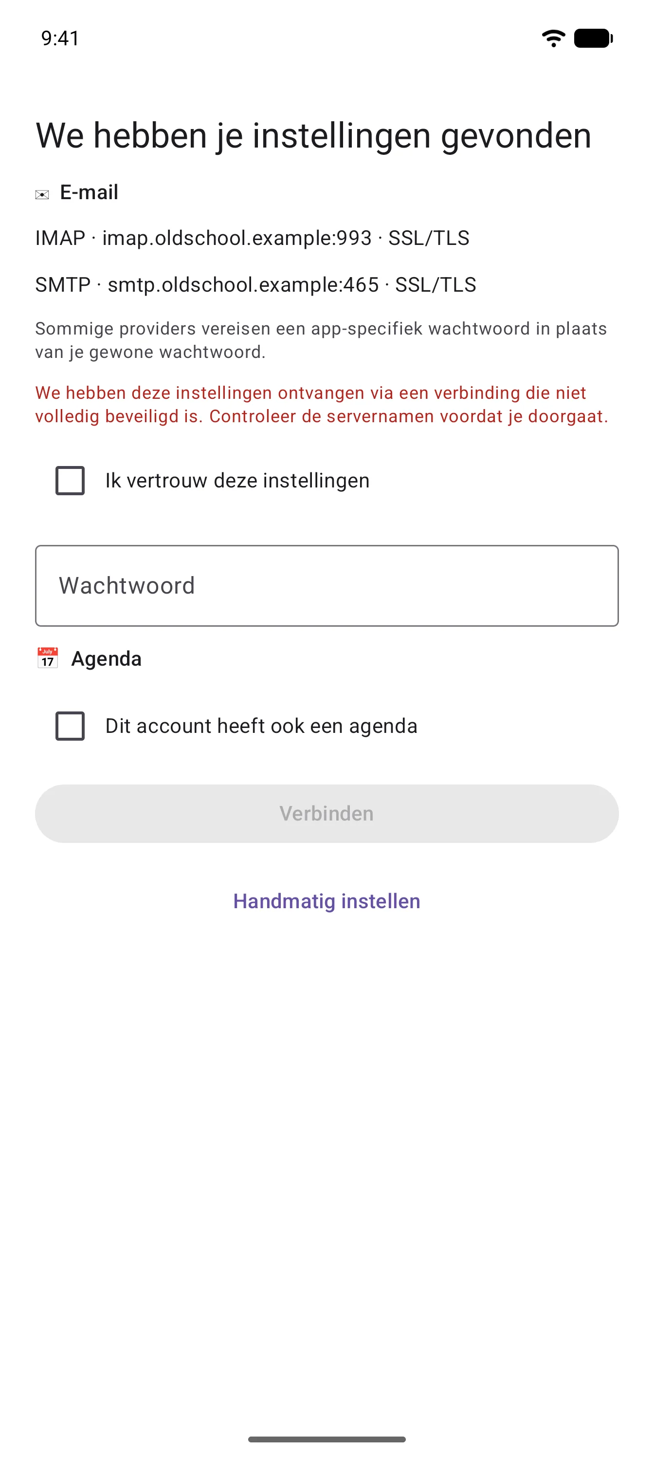 Het gevonden-instellingenscherm met een rode waarschuwing en een niet-aangevinkt vakje "Ik vertrouw deze instellingen"