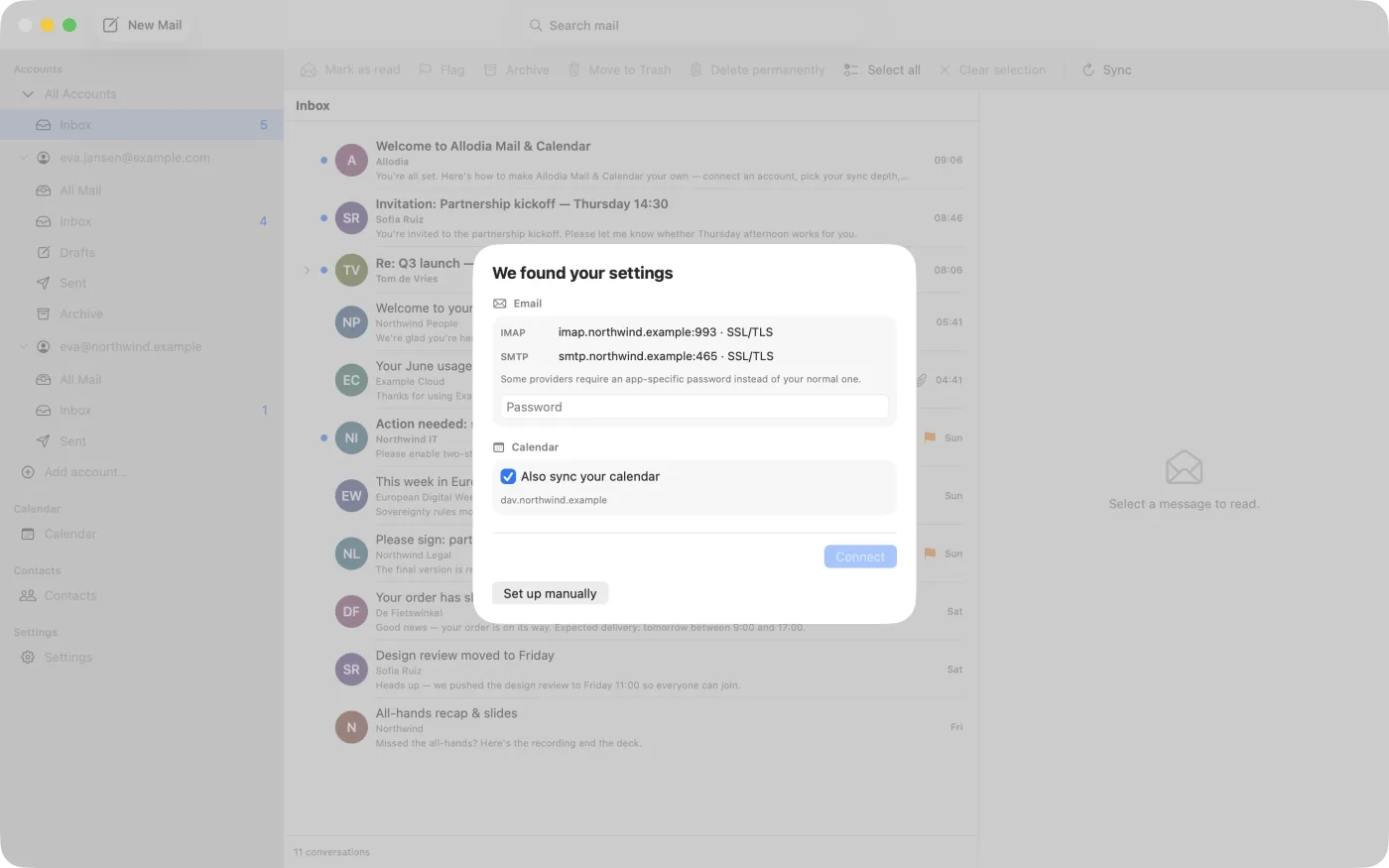 The "We found your settings" screen, listing the IMAP and SMTP servers and a calendar option