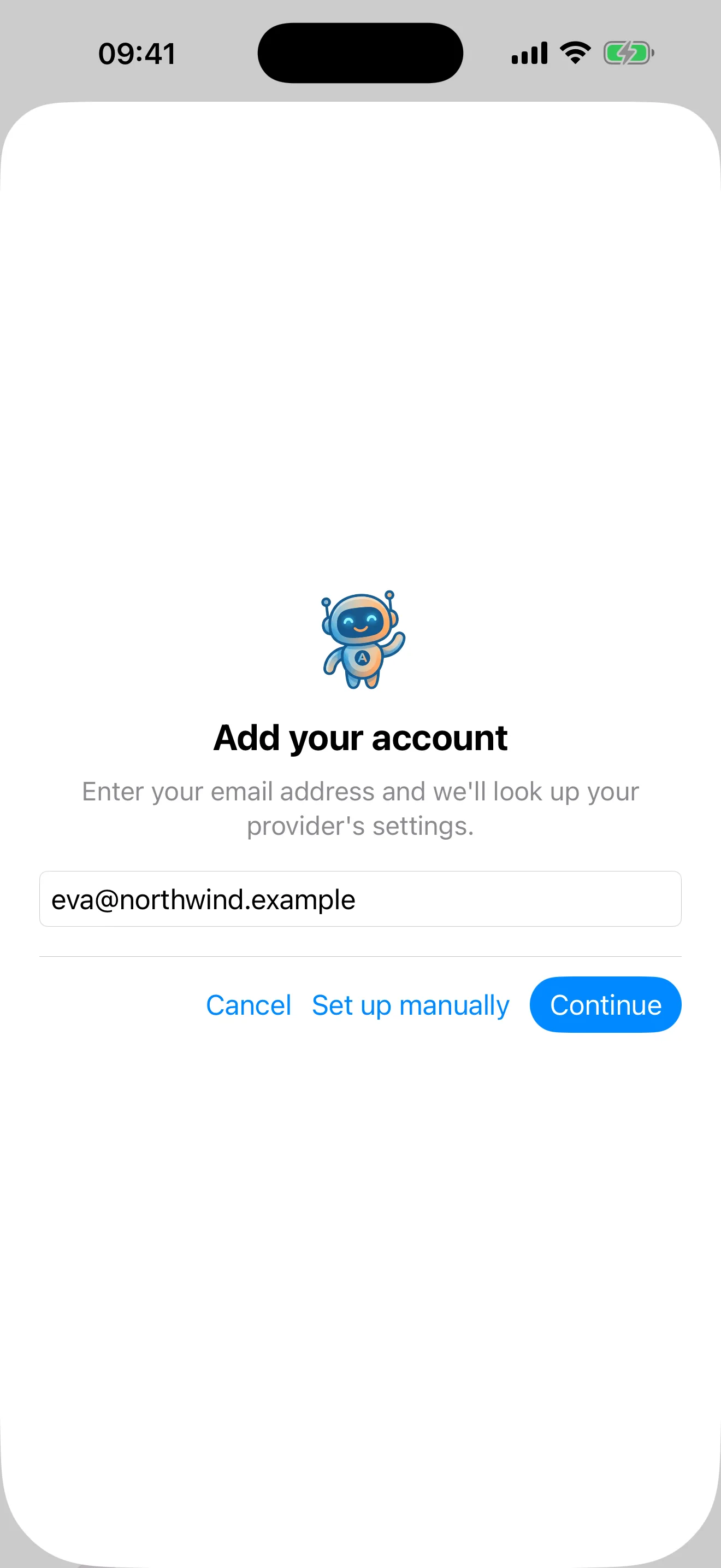 The "Add your account" screen, with an email address typed into the single field