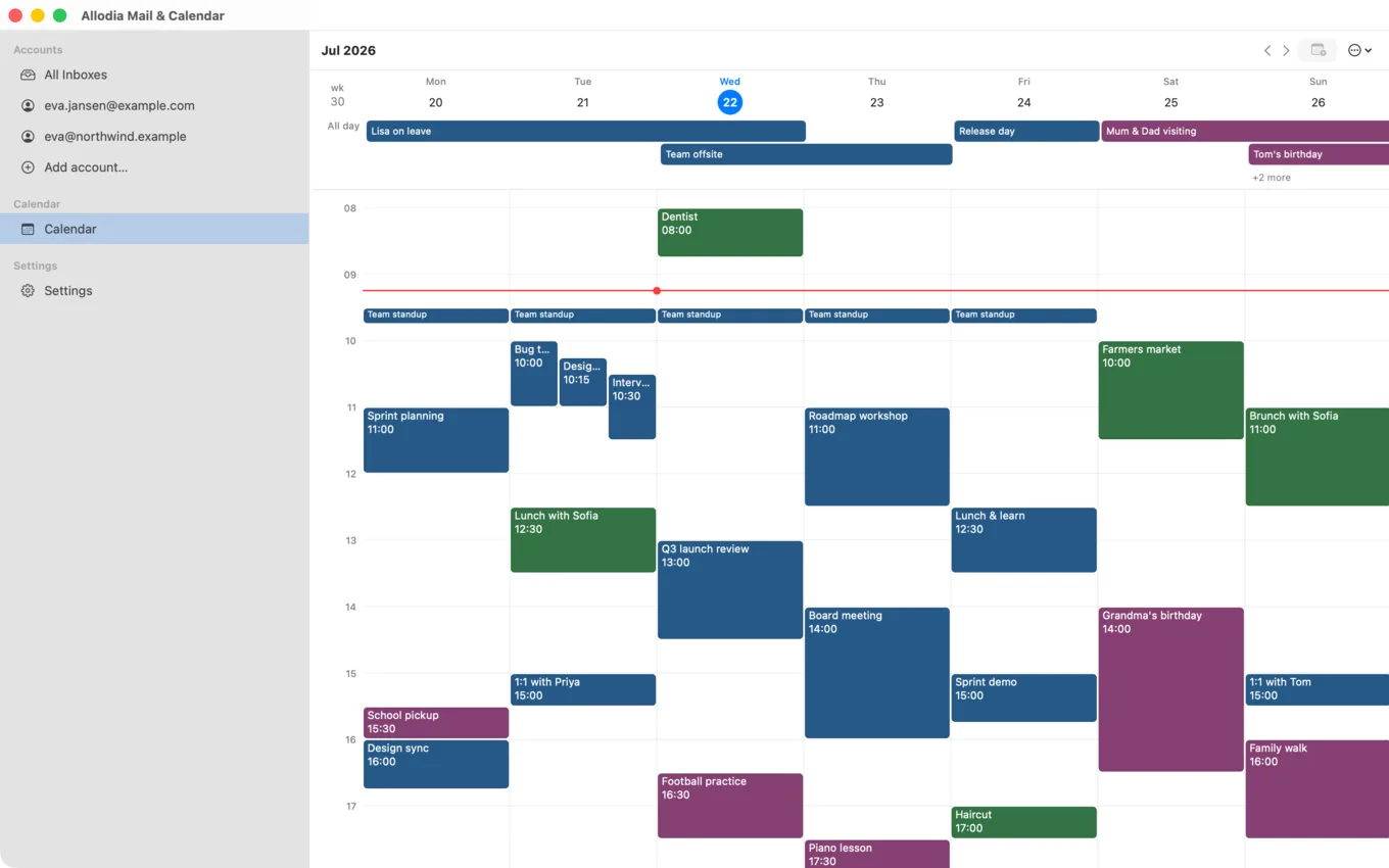 The Allodia Mail & Calendar week grid on macOS
