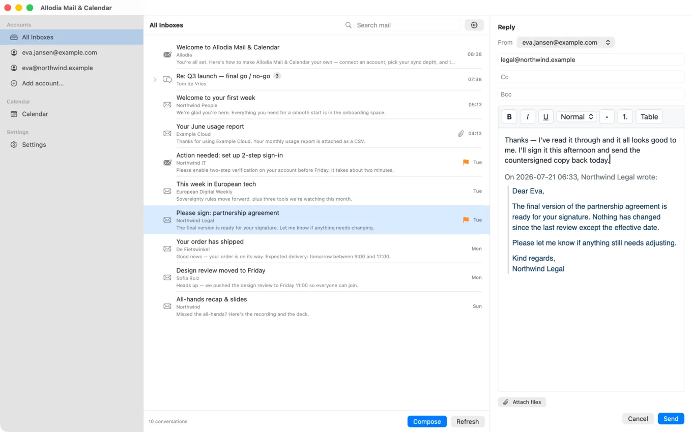 The Allodia Mail & Calendar composer on macOS, open beside the message list