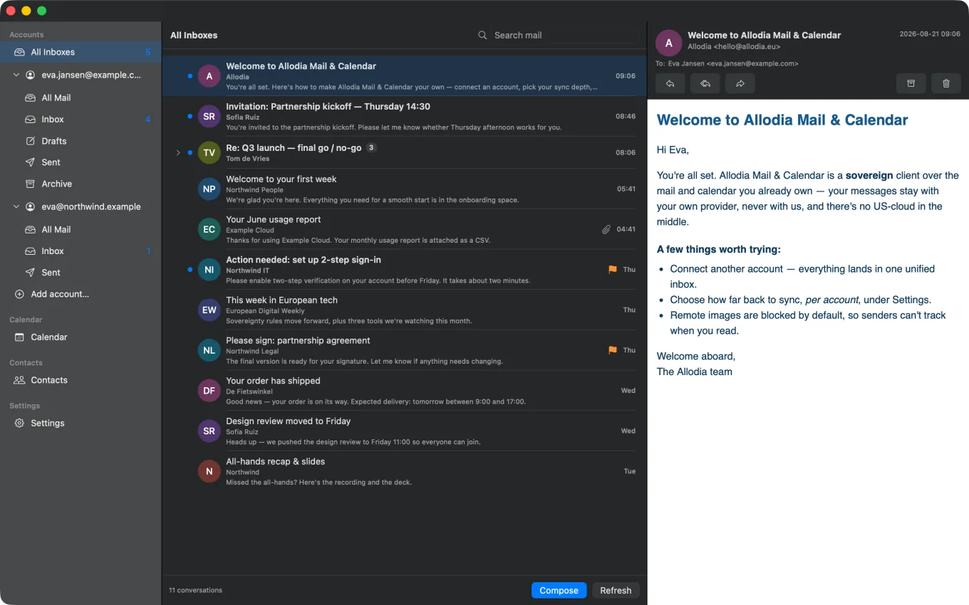 Allodia Mail & Calendar op macOS in donkere weergave, met de gecombineerde inbox en het leesvenster
