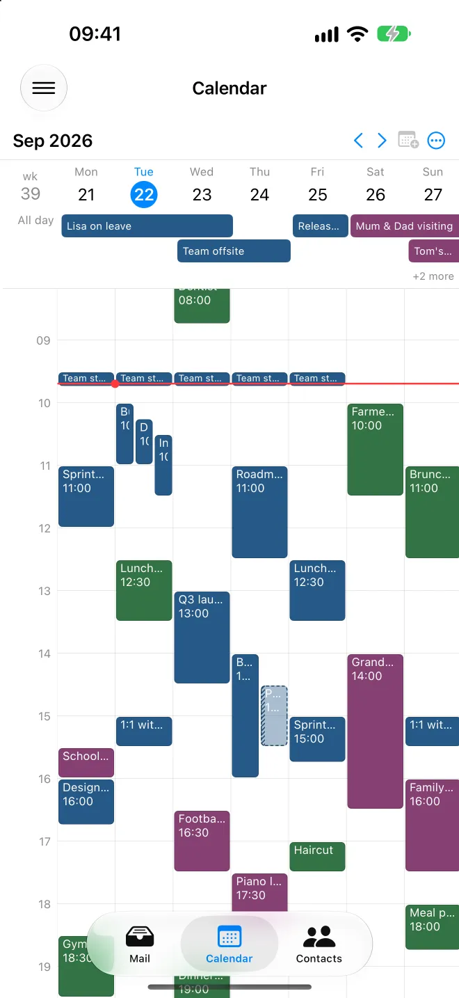 The Allodia Mail & Calendar week grid on iPhone