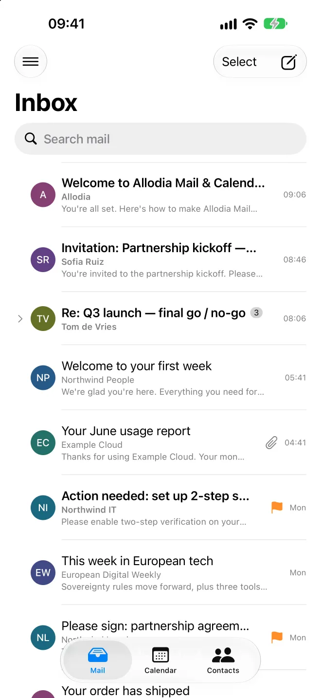 Allodia Mail & Calendar on iPhone, showing the unified inbox