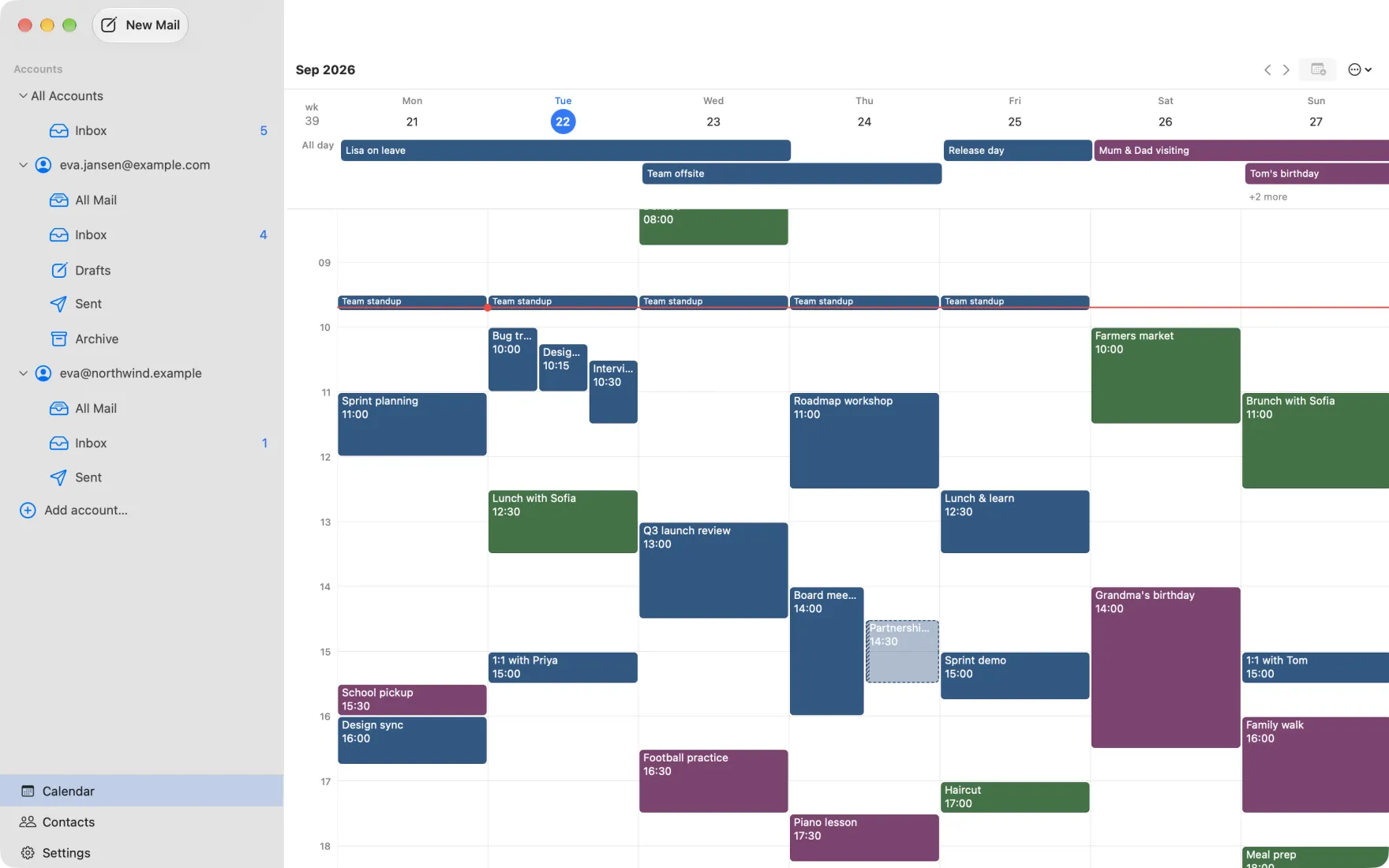 The Allodia Mail & Calendar week grid on macOS