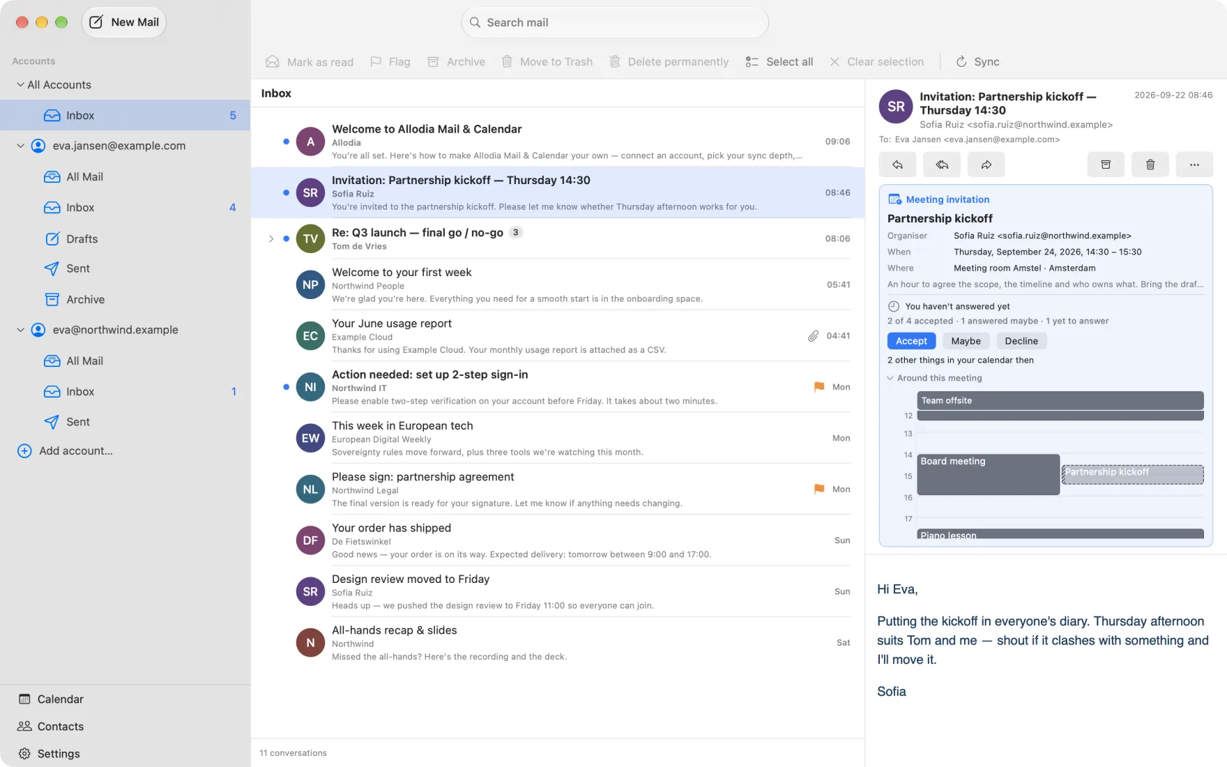A meeting invitation in Allodia Mail & Calendar on macOS, with the day around it