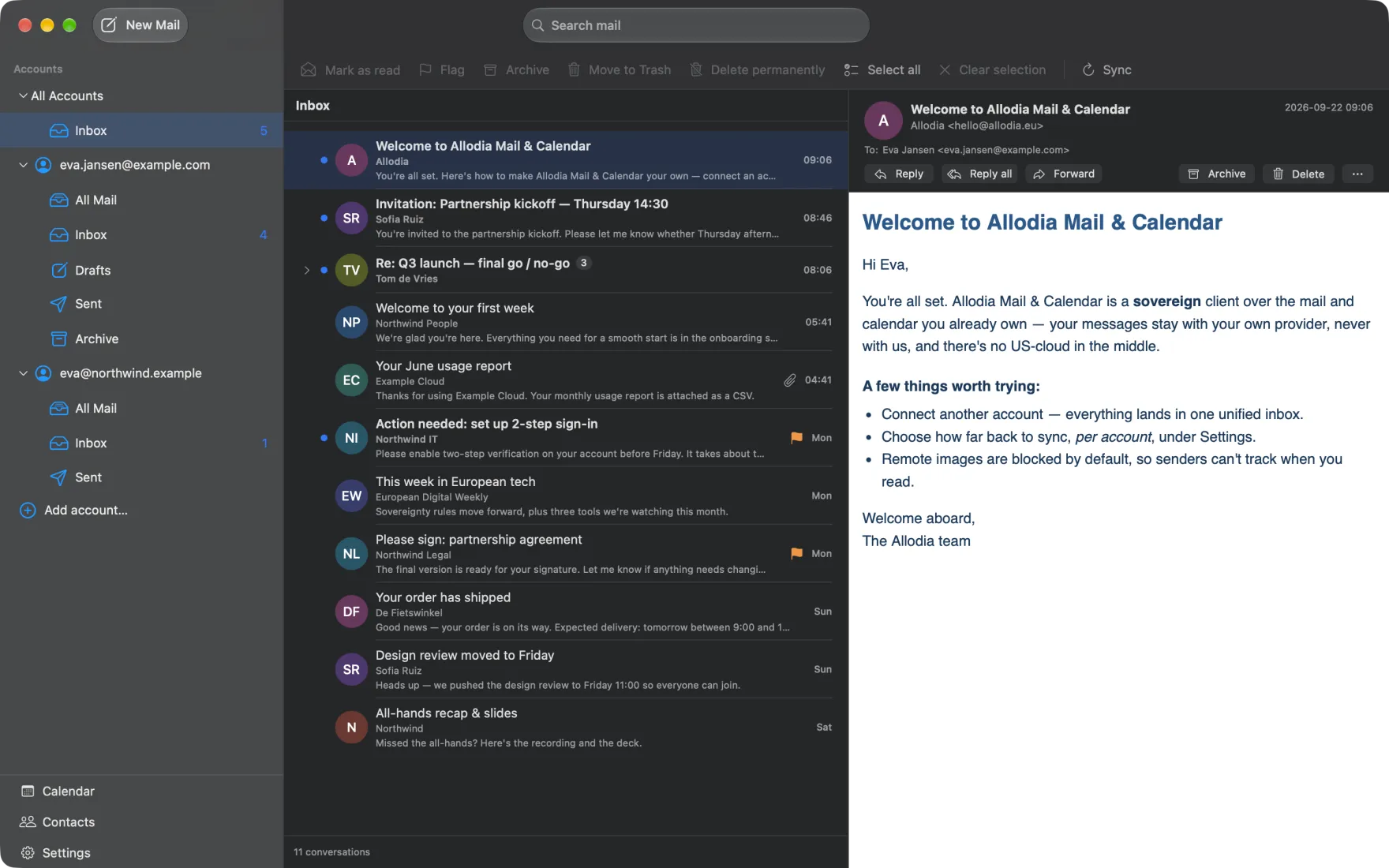 Allodia Mail & Calendar on macOS in dark appearance, showing the unified inbox